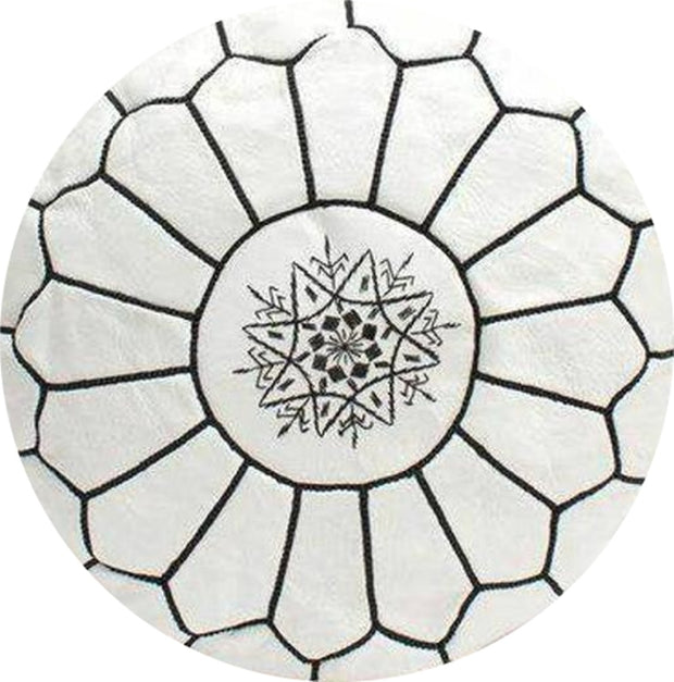 WHITE-EMBROIDERED  LEATHER POUF